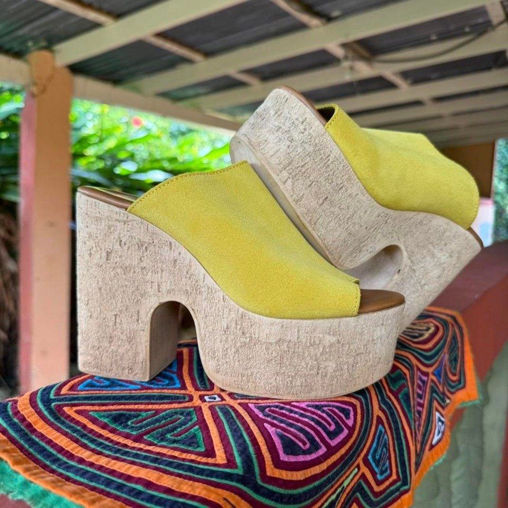 Yellow Platform Mules Women's Size 6.5 US 37 EU Chunky Heel Slip On Shoes